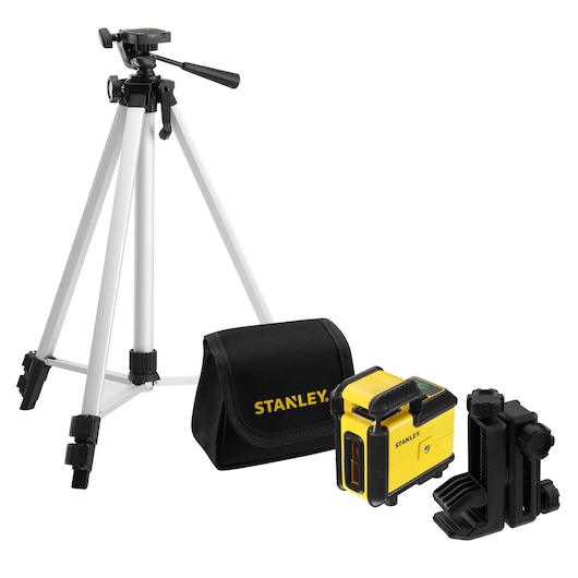STANLEY STHT77641-1 photography kit with tripod, laser level, clamp, and black carrying case, front angle.