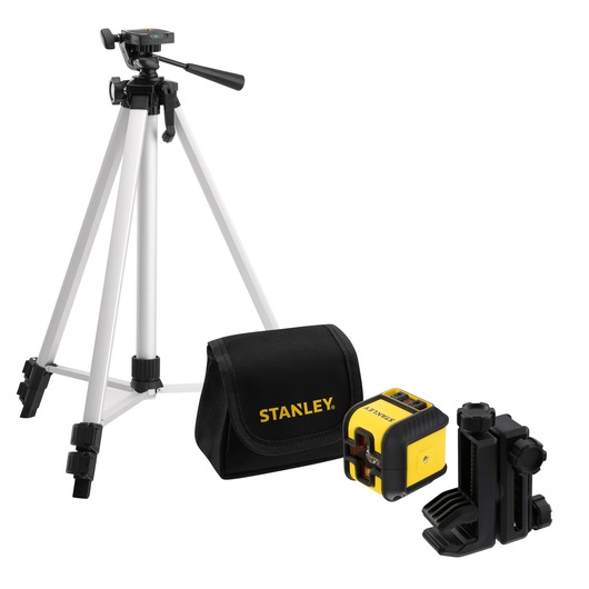 STANLEY STHT77648-1 photography kit with tripod, laser level, black bag and mounting accessories, front angle.