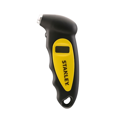 STANLEY STHT80874-0 digital tire pressure gauge, black and yellow, right side view, on white background.