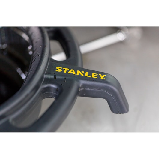 Photo of STANLEY STHT80878-1 black plastic tool handle with yellow STANLEY logo, close-up view.