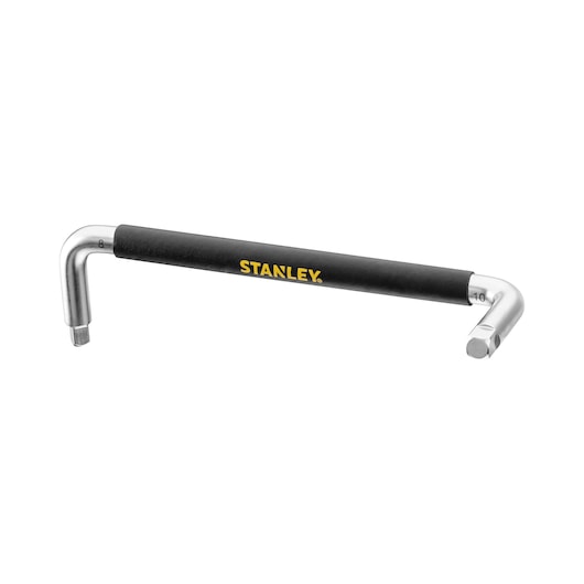 STANLEY STHT80879-0 L-shaped hex key with black grip, silver ends, photography, front angle on white background.
