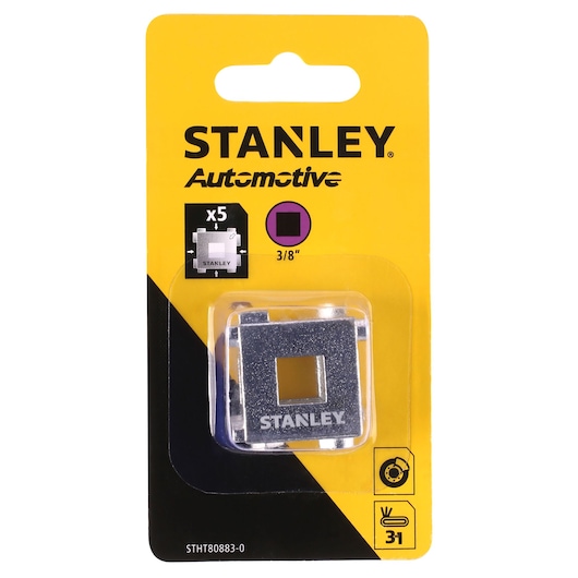 Photo of STANLEY STHT80883-0 automotive 3/8 inch square bit on retail packaging, front view.