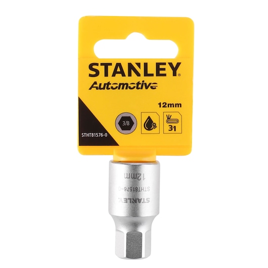 STANLEY STHT81576-0 12mm automotive socket, front angle, silver socket with yellow packaging.