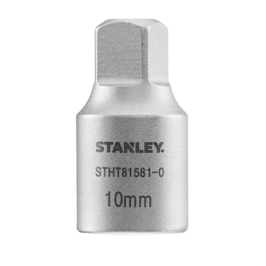 Photo of STANLEY STHT81581-0 10mm hex bit socket, silver finish, front view, tool accessory.