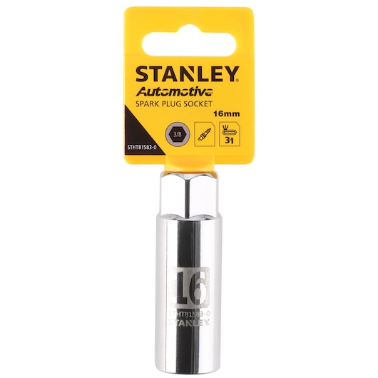 STANLEY STHT81583-0 spark plug socket, 16mm, chrome finish, front angle on white background.