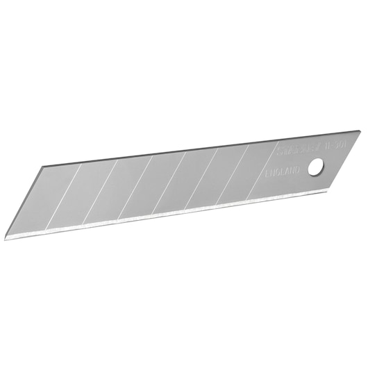 Photo of STANLEY STHT9-11301 snap-off utility knife blade, silver, side angle, segmented for easy break-off.