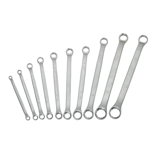 STANLEY STMT1-74177 photography of 10-piece silver box end wrench set, aligned in size order on white background.