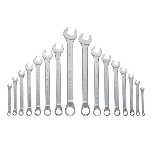 STANLEY STMT1-74178 combination wrench set, 18 pieces, arranged in size order, photography, front angle.