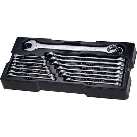 STANLEY STMT1-74178 wrench set in black tray, top angle photo of chrome combination wrenches.