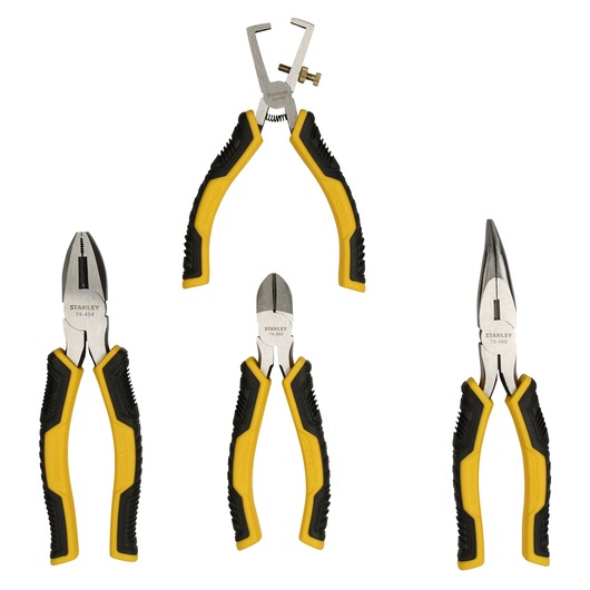 Set of four STANLEY pliers with black and yellow handles, shown on a white background.