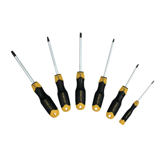 Stanley screwdriver set with six black and yellow handles, arranged in a fan shape on a white background.