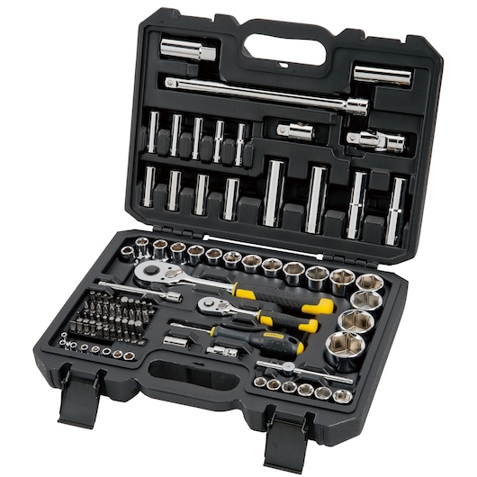 Stanley socket and ratchet tool set in a black plastic case with various bits and handles organized inside.