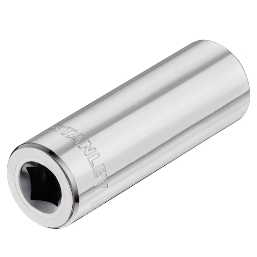 STANLEY STMT86100-0 chrome deep socket, photographed at angle on white background, mechanics tool.
