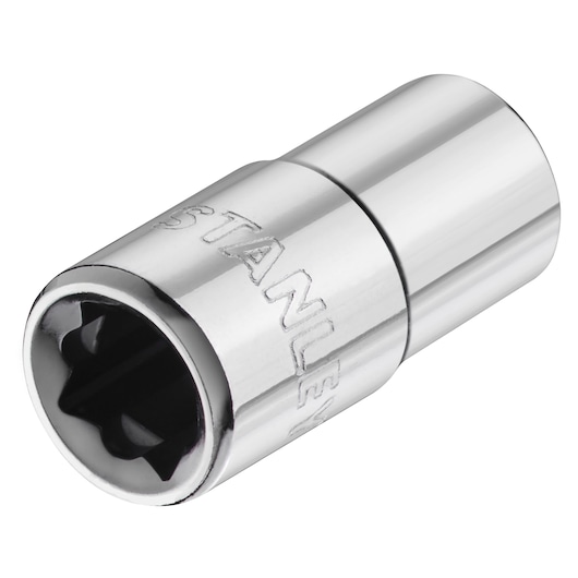 Photo of STANLEY STMT86104-0 chrome socket, tool accessory, angled on white background.