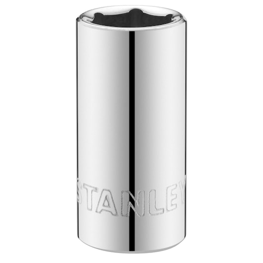 STANLEY STMT86105-0 chrome socket tool, cylindrical, front angle on white background.