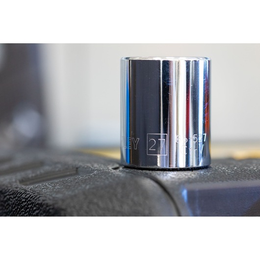 STANLEY STMT86105-0 chrome socket tool, 27mm size, close-up photo showing engraved markings.