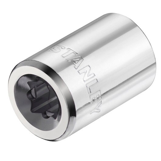 STANLEY STMT86112-0 chrome socket, close-up angle on white background, tool with engraved brand name.