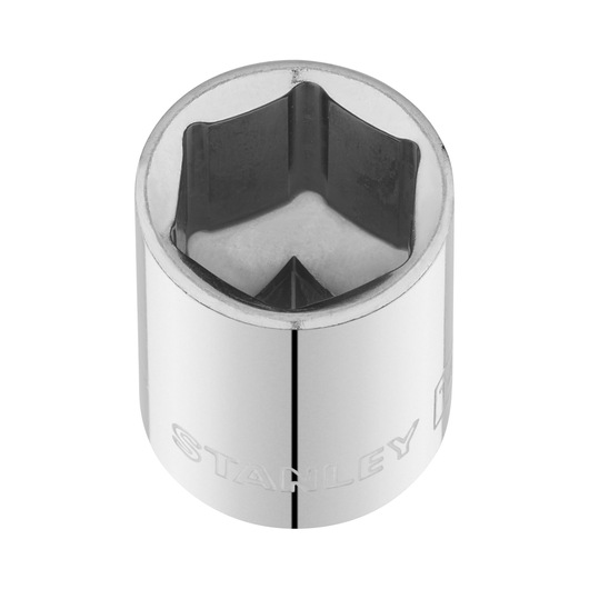 STANLEY STMT86114-0 chrome socket, six-point design, photographed from top on white background.