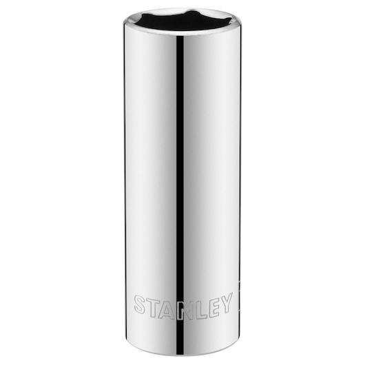 Photo of a STANLEY STMT86116-0 chrome deep socket, front angle, with engraved brand logo, on white background.
