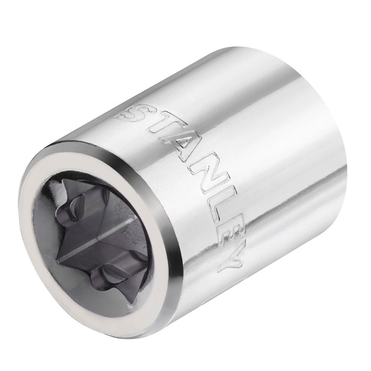 STANLEY STMT86310-0 chrome socket, close-up angled view, with engraved logo, shiny metal finish.