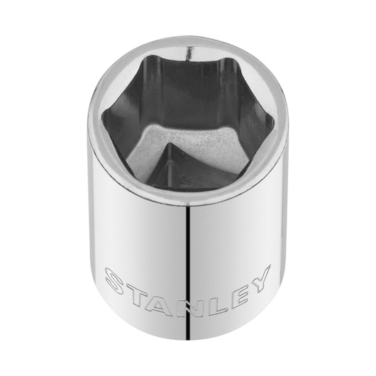 Photo of STANLEY STMT86311-0 chrome socket, cylindrical shape, viewed from angle, tool accessory.