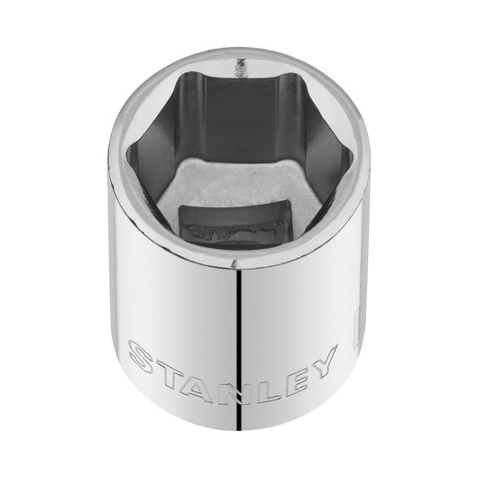 STANLEY STMT86312-0 chrome socket, top view, shows six-point design and engraved brand name, photography.