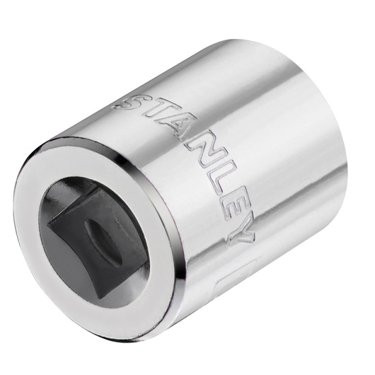Photo of STANLEY STMT86312-0 chrome socket, close-up angled view on white background, tool accessory.