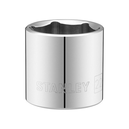 STANLEY STMT86317-0 chrome socket tool front angle, 22mm size, cylindrical, shiny finish.