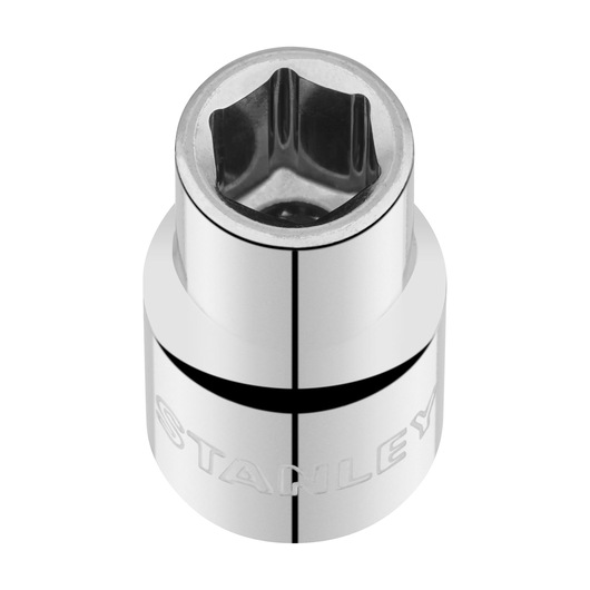 STANLEY STMT86511-0 chrome socket, hex shape, viewed from above on white background.