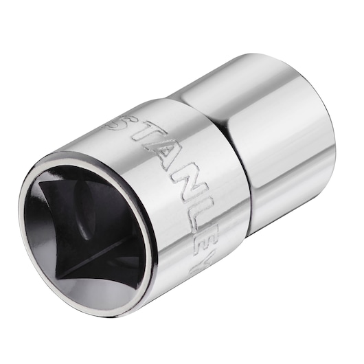 STANLEY STMT86514-0 chrome socket adapter photography, angle shows engraved brand and square drive.