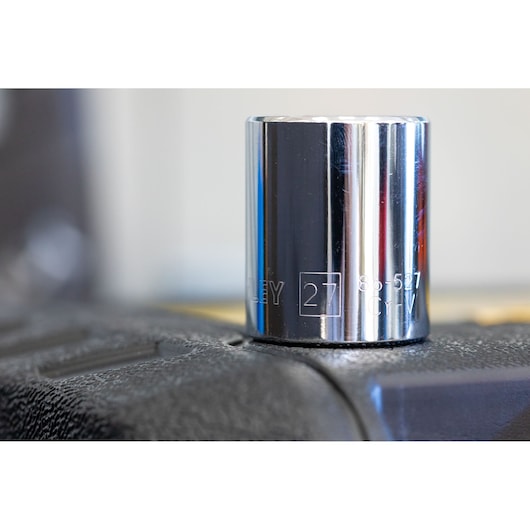 STANLEY STMT86519-0 chrome socket, 27mm size, close-up angle, tool category.