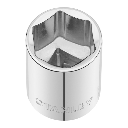 STANLEY STMT86523-0 chrome socket photography, top angle, engraved brand name visible.