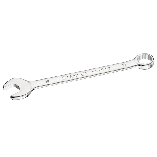 STANLEY STMT95912-0 combination wrench, silver metal, 19mm, side angle, on white background.