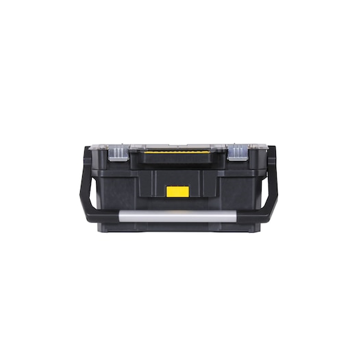 STANLEY STST1-70317 black tool box with clear lid, yellow latch, front view on white background.