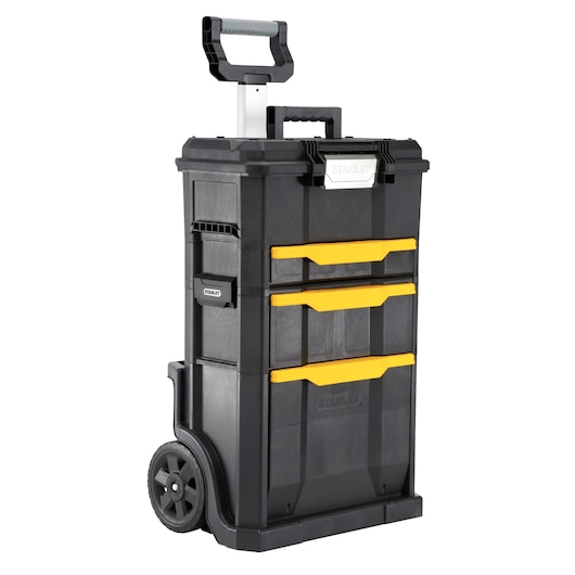 STANLEY STST1-70344 rolling tool chest with three yellow-handle drawers and telescopic handle, front angle.