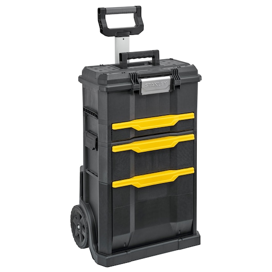 STANLEY STST1-70344 rolling tool chest, black with yellow drawers, front angle on white background.