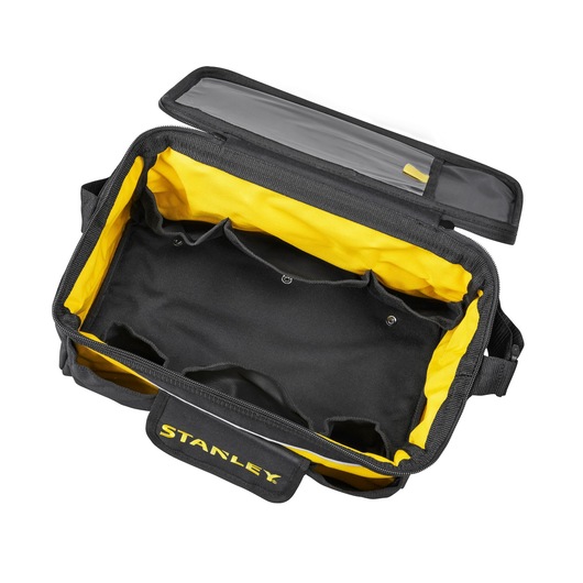 STANLEY STST1-73615 tool bag with open top view, black and yellow, multiple interior pockets, white background.