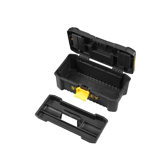 STANLEY STST1-75514 tool box with open lid and removable tray, black plastic, front angle.