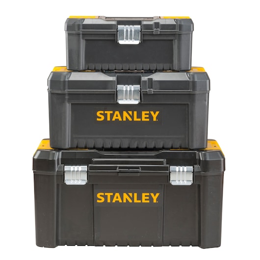 Photo of STANLEY STST1-75515 stackable black toolboxes with yellow accents, product shown from front view.