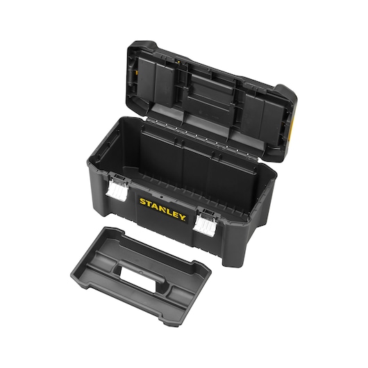 STANLEY STST1-75521 black plastic toolbox with open lid and removable tray, front angle on white background.