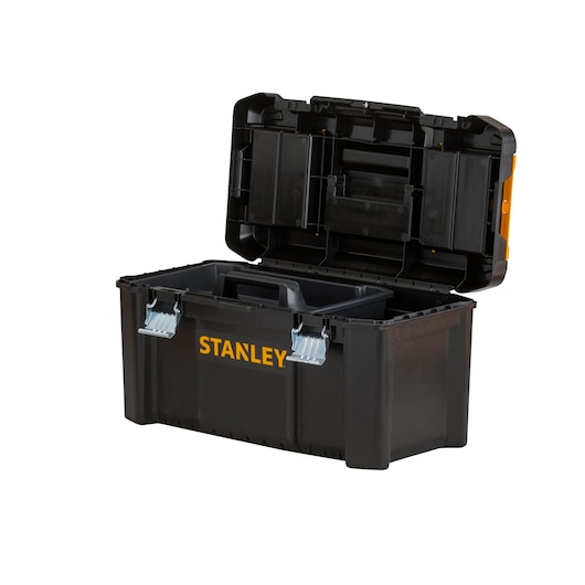 STANLEY STST1-75521 black tool box with open lid and inner tray, front angle photo.