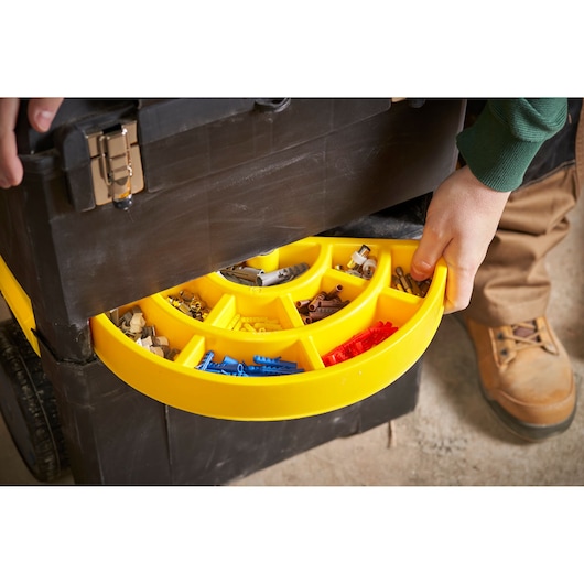 STANLEY STST1-75758 toolbox with yellow circular organizer tray for assorted hardware, photography close-up.
