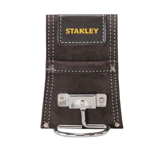 STANLEY STST1-80117 suede hammer holder with metal loop, black with white stitching, front view.