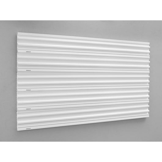 STANLEY STST82602-1 slatwall panel, white, wall-mounted, photographed from front angle.