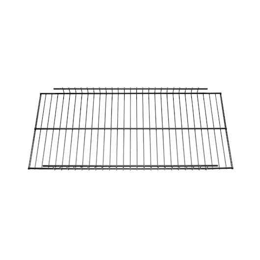 Photo of STANLEY STST82613-1 metal wire shelf, black rectangular storage rack on white background, top view.