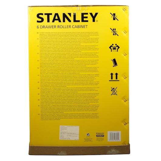 Stanley STST98182-1 6 drawer roller cabinet packaging, yellow box with product information and handling icons, rear angle.