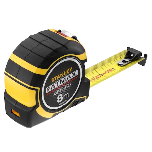 STANLEY XTHT0-33501 tape measure FATMAX AutoLock 8m, black and yellow, angled side view on white background.