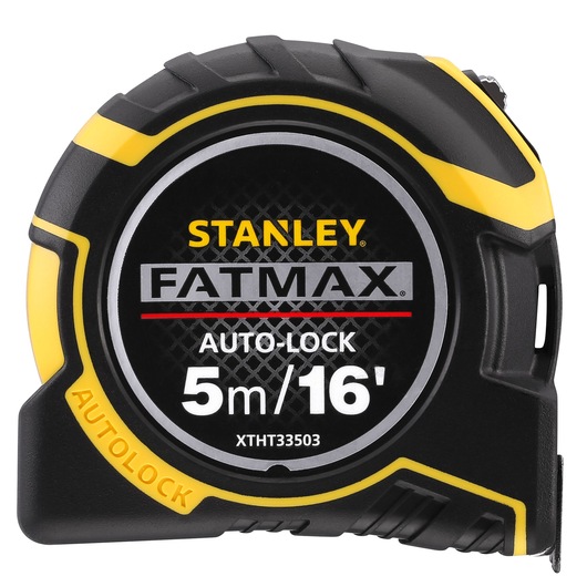Stanley FATMAX tape measure 5m/16' auto-lock, black and yellow case, front angle, SKU XTHT0-33503.