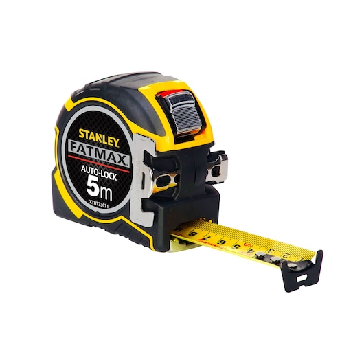 STANLEY FATMAX XTHT0-33671 5m auto-lock tape measure, black and yellow, angled view on white background.