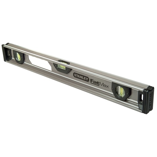 Stanley FatMax spirit level with three bubble vials, silver body and black end caps for precise leveling.
